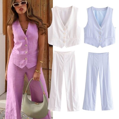 Linen Waistcoat Top Pant 2 Pieces Set V-neck Sleeveless Soli