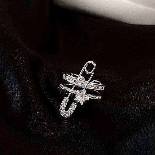 Creative Micro-Inlaid Zircon Safety Pin Ring Double Layer Op