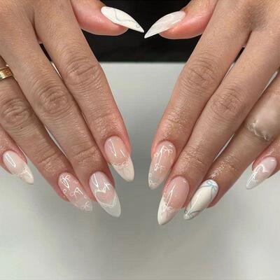 10Pcs Peach Blossom Fake Nails Press on Almond False Nails R