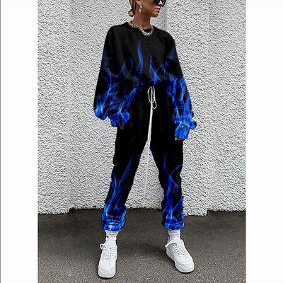 Flame Print Women Clothing Solid Color Long Sleeve Loose Blo