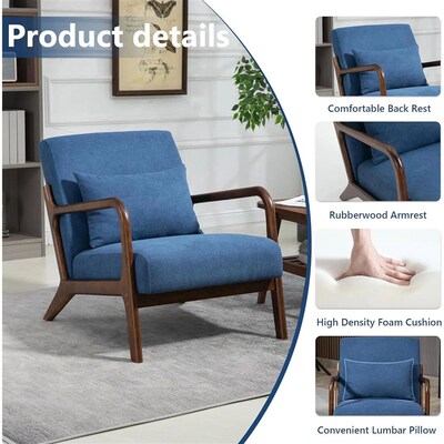 Mid-Century Modern Accent Chair, Solid Wood Frame Linen Fabr