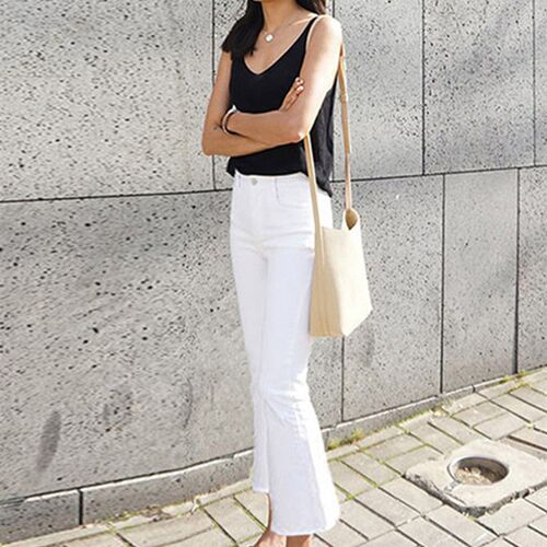 Solid White Stch Women Jeans Set Wear Flare Denim Pants Boyf