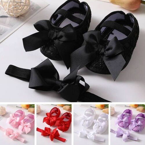 Newborn Baby Girl Christening Shoes Headband Set Soft Sole L