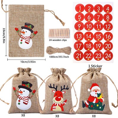 24pcs Christmas Linen Gifts Bags Candy Cookie Drawstring Pou