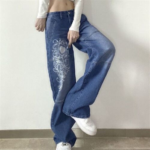 Printed Baggy Y2K Jeans Womens Low Waist jeans Wide Leg