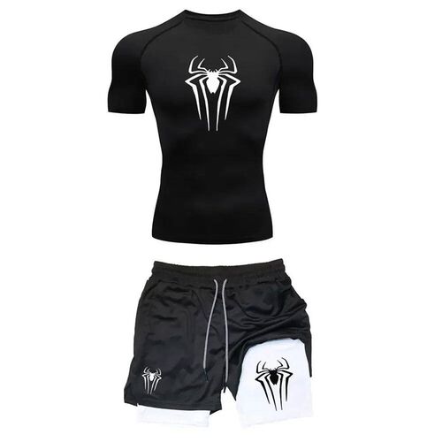 Mens Workout Compression Set  Spider Printed Gym Tshirts Br