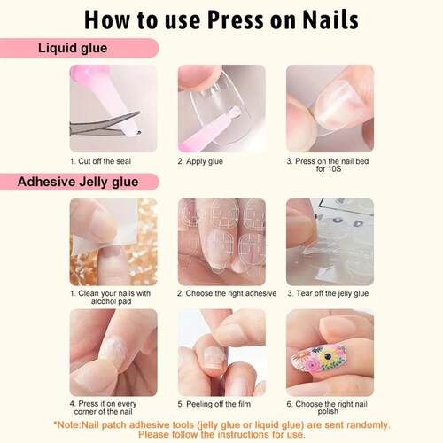 24Pcs Pink Bow Press on Nails 3D Flower with Pearl Design Ac