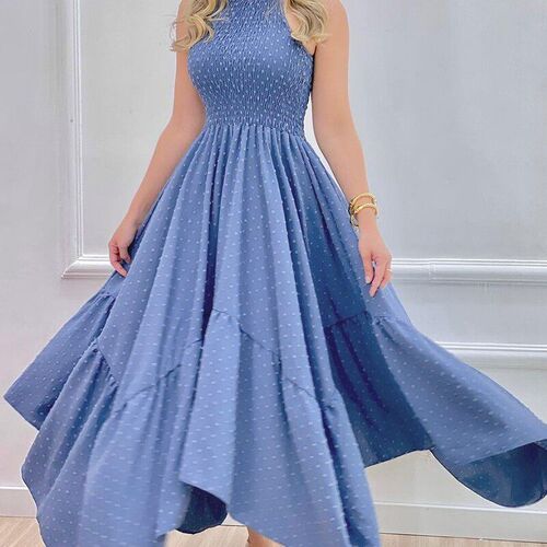 Swiss Dot Shirred Ruffle Hem Maxi Dress