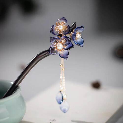 Handmade Orchid Flower Hairpins Hair Sticks with Tassel Vint