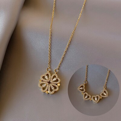 Retro Magnetic Folding Heart Shaped Four Leaf Clover Pendant