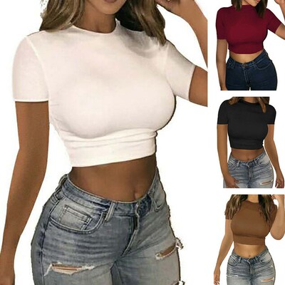 Womens 2020 Sexy Crop Top T-Shirt Short Sleeves Tees High W