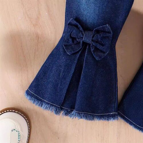 Butterfly Patch Long Sleeve Top Denim Bow Flared Pants Girls