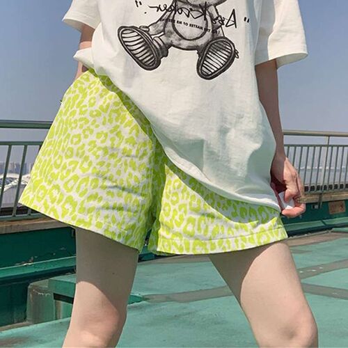 Shorts, summer tie-ed womens fluorescent green leopard prin