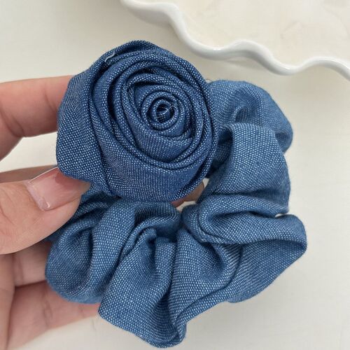 Blue Denim Fashion Square Flower Hair Scrunchie Elastic Pony