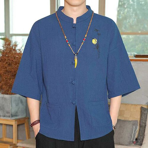 Summer Cotton and Linen Tang Suit Linen Cropped Sleeve Shirt