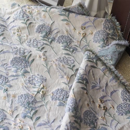 光泽微廓 蓝色绣球花超仙立体浮雕提花面料半裙装手工diy面料