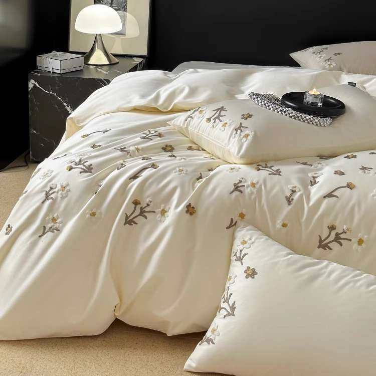 简约小清新100S高支长绒棉四件套花卉毛巾绣全棉被套纯棉床上用品