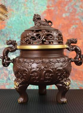 宏达 全黄铜太狮三足炉复古包浆沉香檀香熏香炉禅意宣德炉摆件