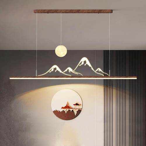 胡桃木色中古风餐厅吊灯侘寂风高级氛围感复古餐桌茶室一字灯具