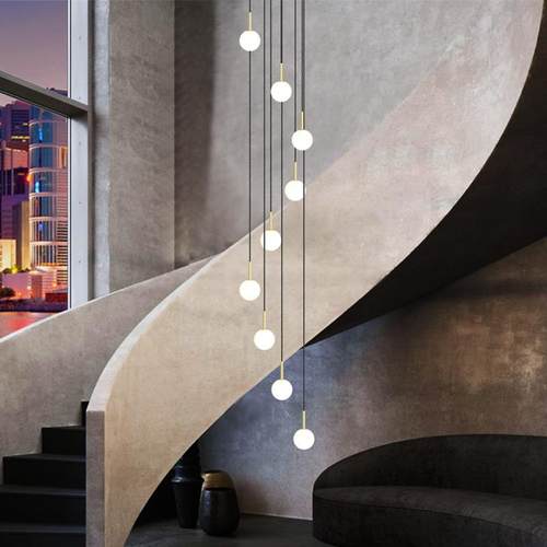 旋转楼梯吊线灯北欧简约复式楼别墅玻璃圆球分子loft个性长线吊灯