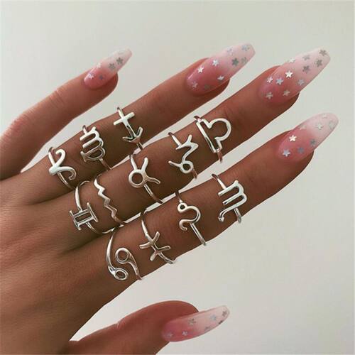 Twelve constellation ring set retro drop geometry female Eur