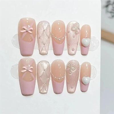 10Pcs Pink Coffin Handmade Press On Nails 3D Rhinestone Fake