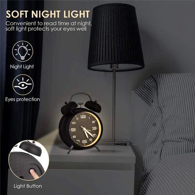 4 Inch Twin Bell Loud Alarm Clock Metal Frame 3D Dial with B