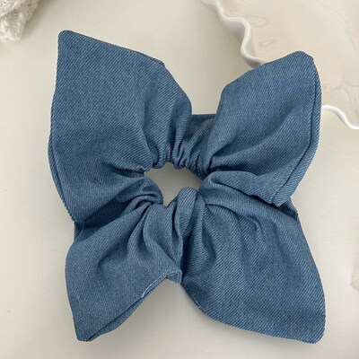 Blue Denim Fashion Square Flower Hair Scrunchie Elastic Pony
