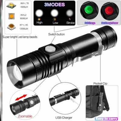 5000LM Led flashlight USB torch Zoomable 18650 Bicycle Light