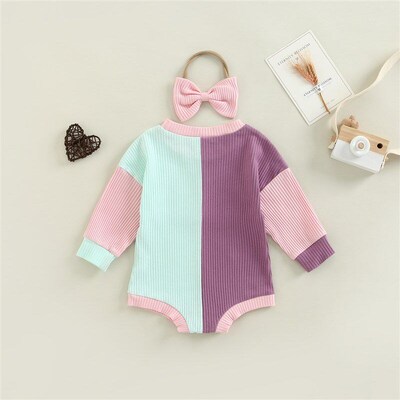 Simple Colorblocked Longsleeved Roundneck Romper for Girls 2