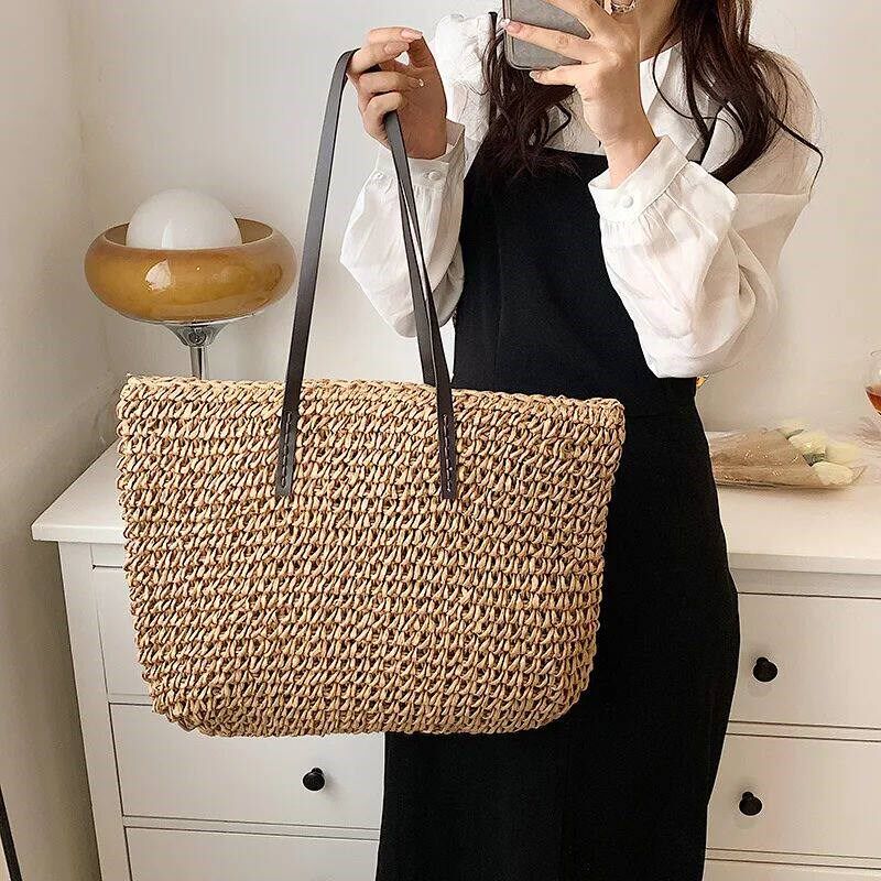 Luxury Design Straw Woven Tote Bags Summer Casual Large Capa