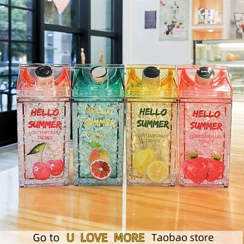 Fashion Double Layer Cold Ice Cup with Straw Creative Square