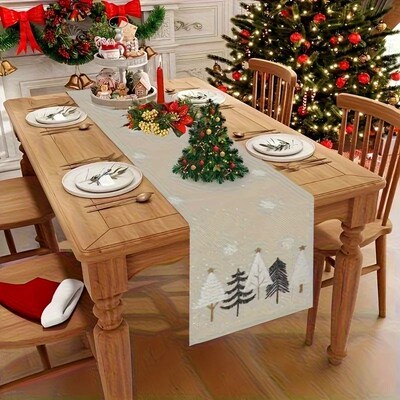 Christmas Table Runner - Beige and brown winter scene with p
