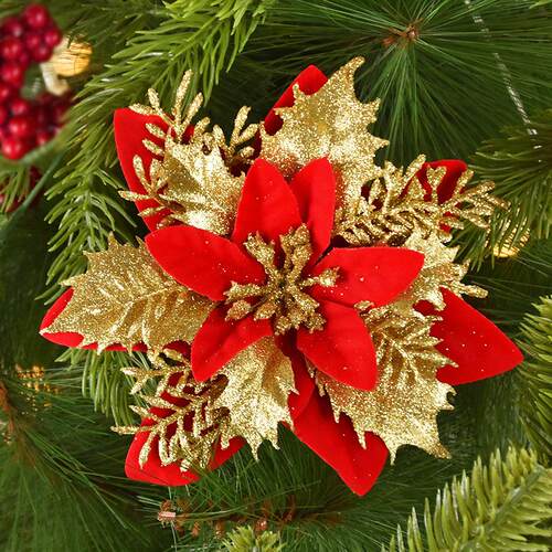5/10Pcs 14cm Glitter Artificial Christmas Flowers Xmas ree O