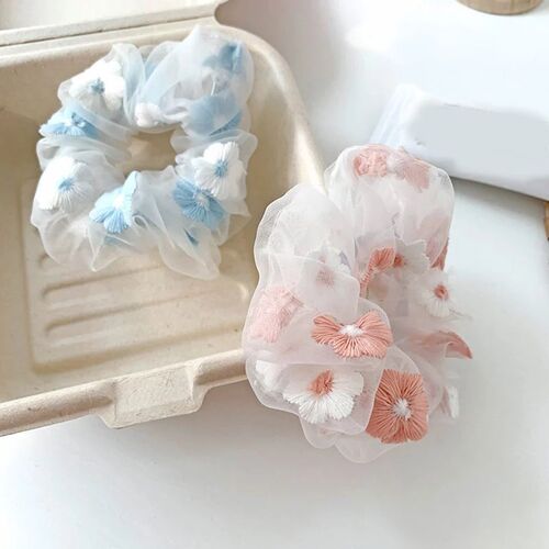 Sweet Embroidery Flowers Mesh Scrunchies Women Romantic Pink