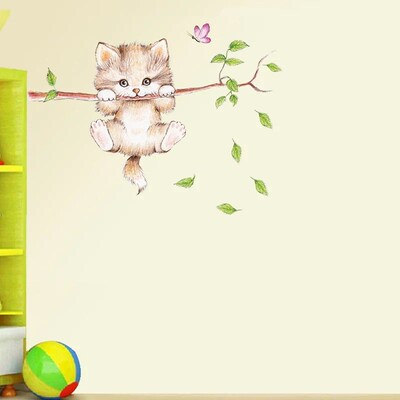 Lovely Cat Hanging Branches Butterfly Wall ers For Kids Room