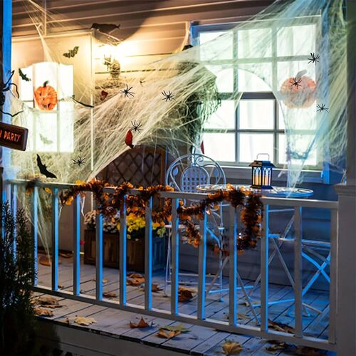 Glow in The Dark Spider Webs and Fake Spiders White Sretch C