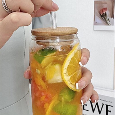 Drinking Glasses with Bamboo Lids and Glass Straw - 16oz