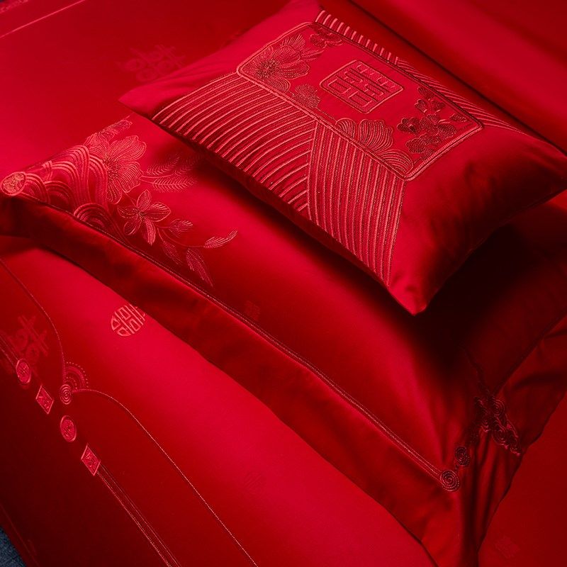 思辰家纺0支长绒棉结婚四件大红刺绣高档床上用品婚庆六件,床上用品,婚庆床品套件,淘宝优惠券,粉丝福利购,淘宝优惠卷
