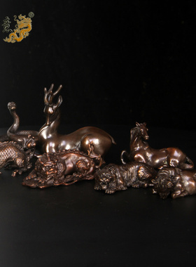 真古意 铜车载生肖牛虎蛇马摆件麒麟谛听梅花鹿装饰品随身工艺品