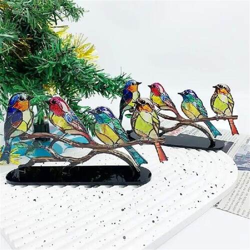 Multicolor Birds Stained 2D Acrylic Birds on Branch Desktop