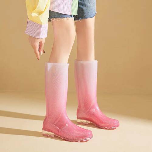 Womens fashionable pink to white gradient rain boots - high