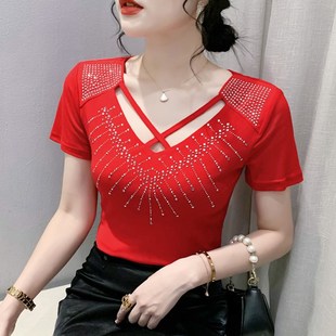 2023 Summer Mesh Tops Korean Fashion Cross Hollow out Shirt