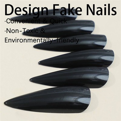 24Pcs Cool Pure Black Long Fake Nails Pointed Tips False Nai