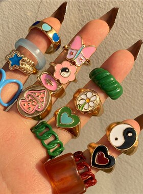 Vintage Colorful Heart Rings Set for Women Fashion Pink Gree