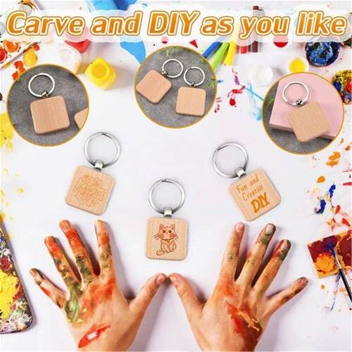 100Pcs DIY Blank Wooden Key Chain Square Carved Key Ring
