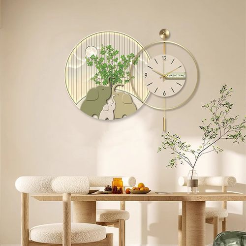 奶油风饭厅装饰画大象绿植钟表画饭厅餐桌墙面挂件时钟挂钟画