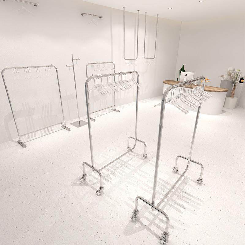 服装店货架女装店展示架不锈钢落地衣架简约可移动带轮陈列服装架