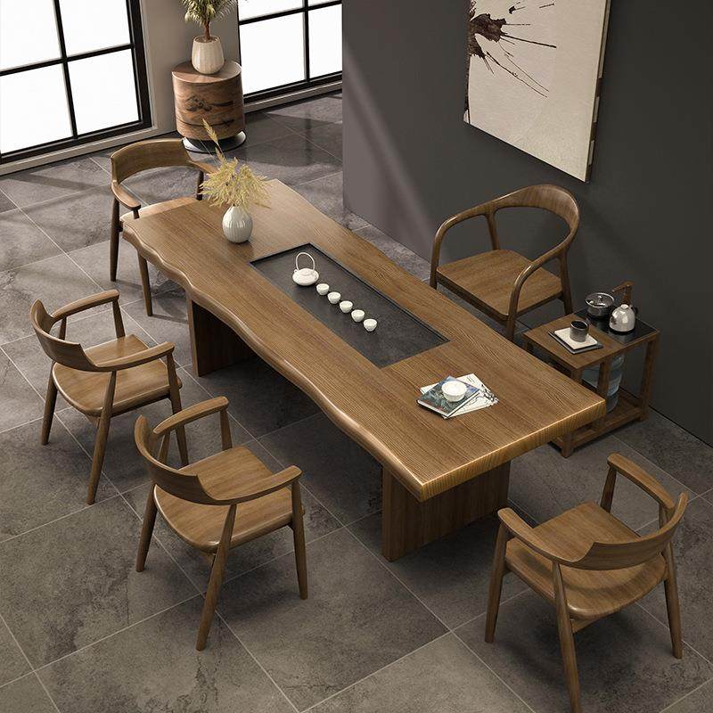 中式实木茶桌家用原木阳台茶桌办公室茶室接待会客茶盘一体泡茶桌