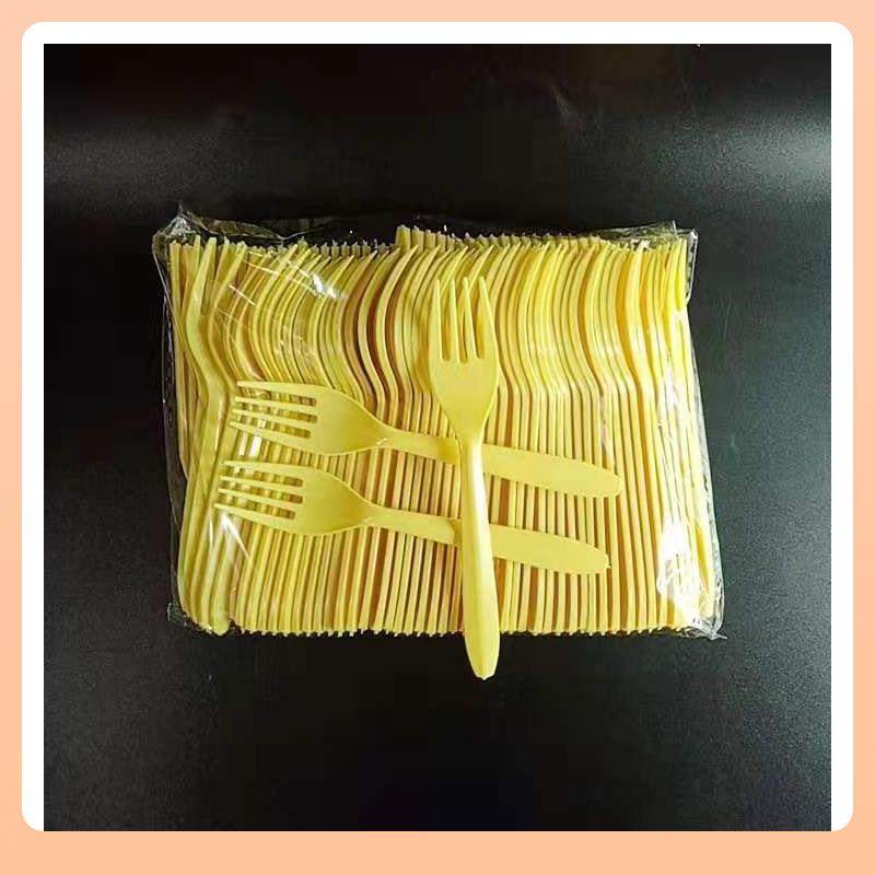▹一次性叉子单独包装塑料叉意面水果叉子蛋糕叉子透明df2黄色叉
